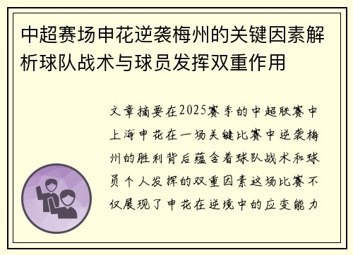 中超赛场申花逆袭梅州的关键因素解析球队战术与球员发挥双重作用