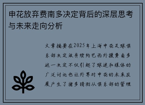 申花放弃费南多决定背后的深层思考与未来走向分析