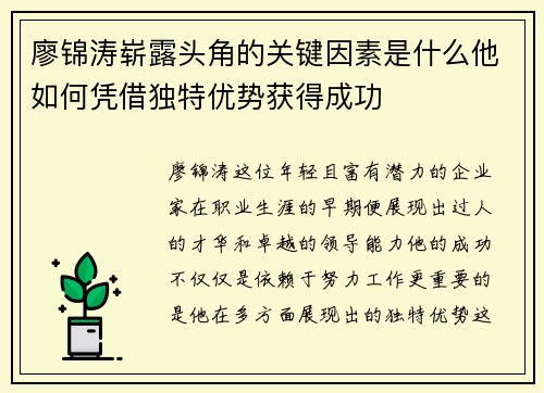 廖锦涛崭露头角的关键因素是什么他如何凭借独特优势获得成功