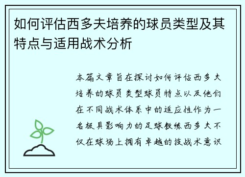 如何评估西多夫培养的球员类型及其特点与适用战术分析