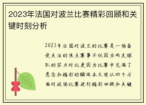 2023年法国对波兰比赛精彩回顾和关键时刻分析