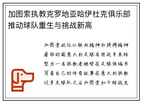 加图索执教克罗地亚哈伊杜克俱乐部推动球队重生与挑战新高
